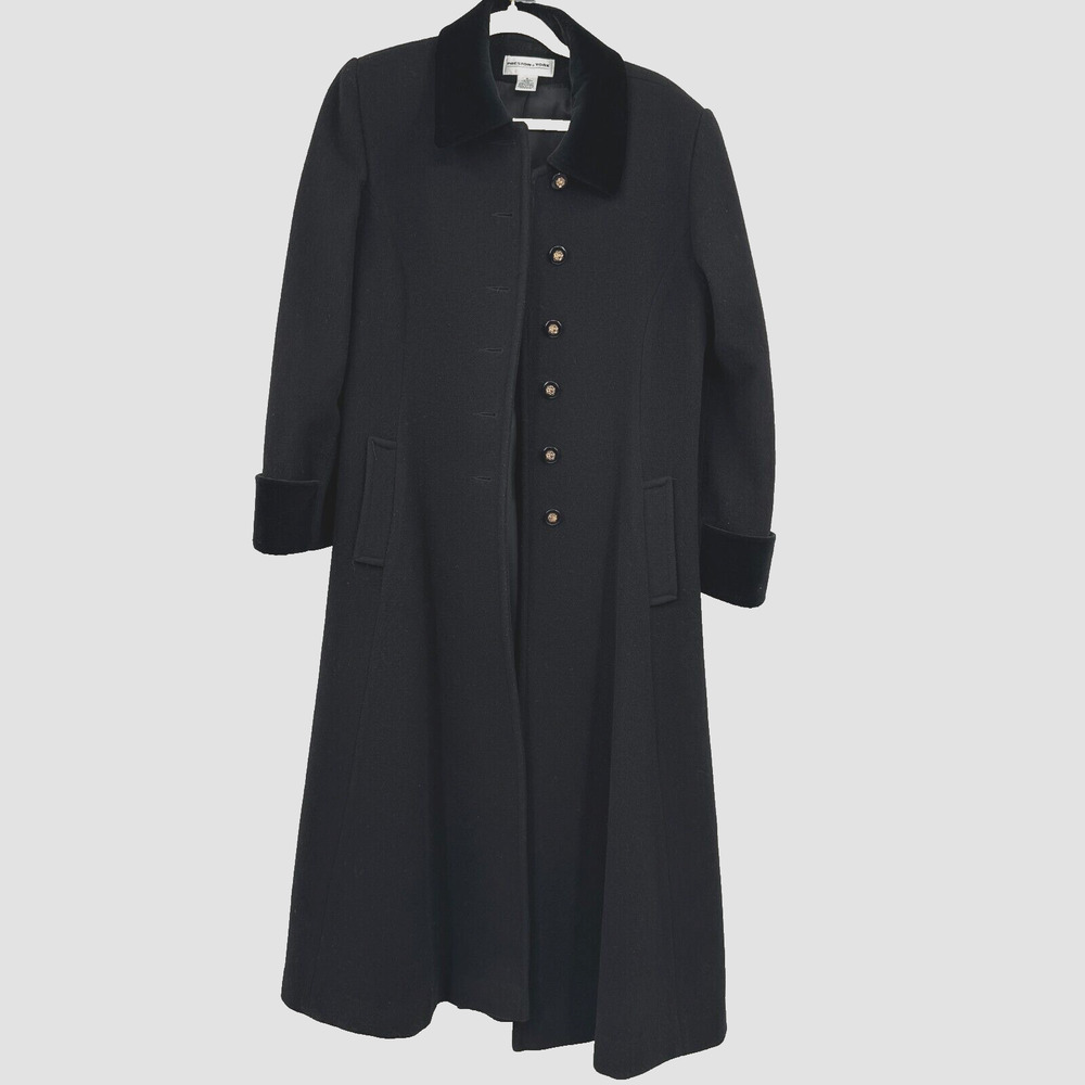 VTG Preston & York Womens 8 Black Long Wool Over Coat Velvet Trim Elegant Union